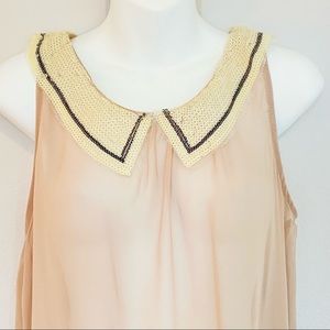 BONGO Sheer Sequin Tulle Neck Raw Hem Collar Chiffon Cream See Tru Blouse Tank